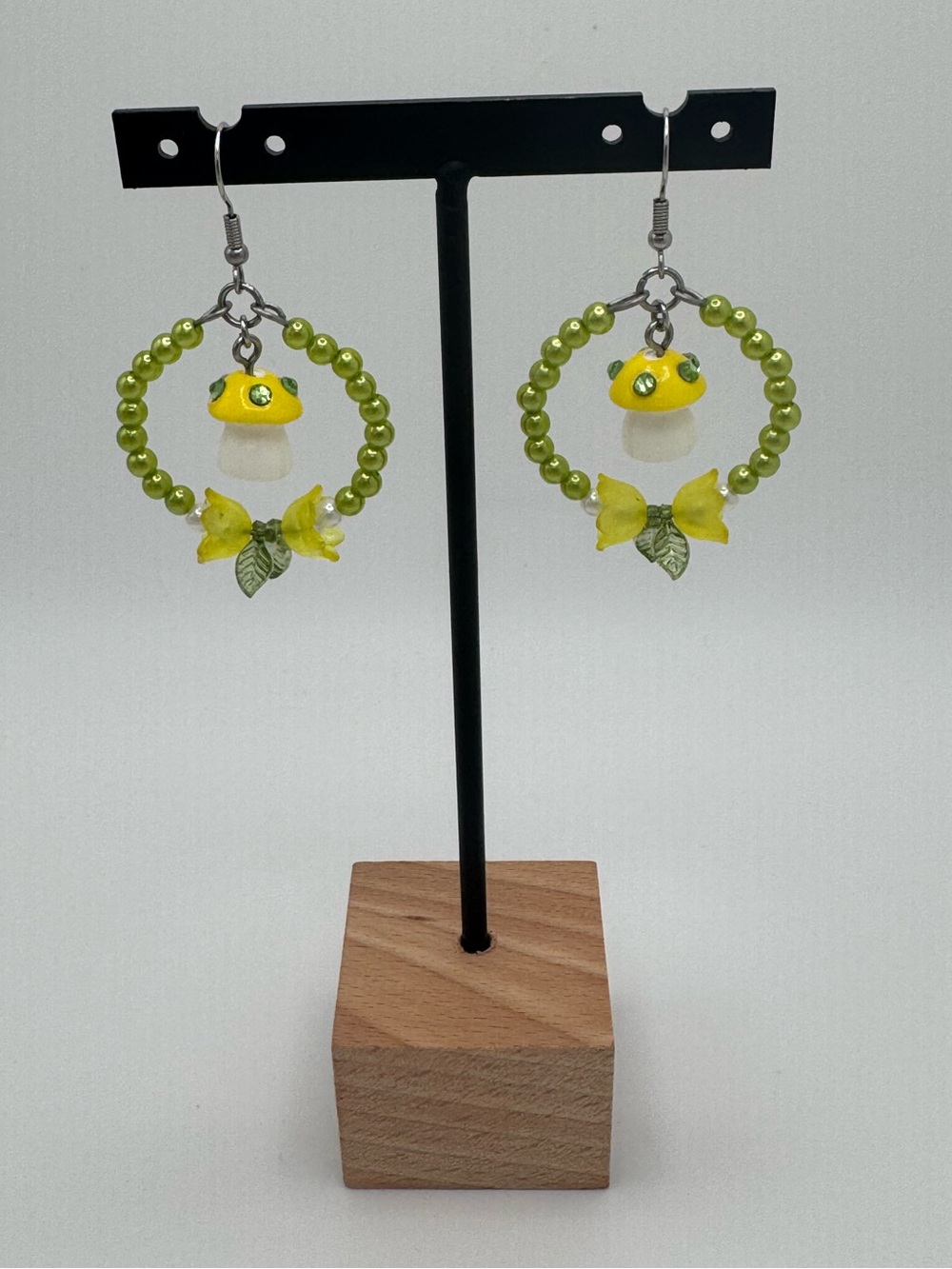 Handmade Yellow Mushroom Hoop Earrings with Green Beads and Flowers